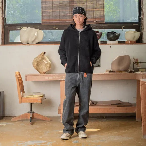 Knitted Zip Hoodie- Black