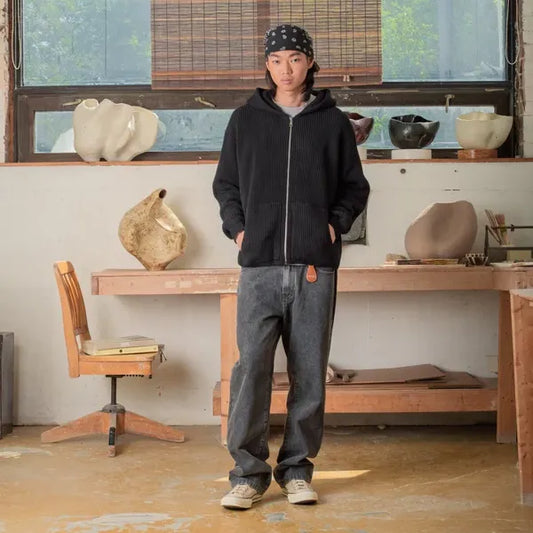 Knitted Zip Hoodie- Black