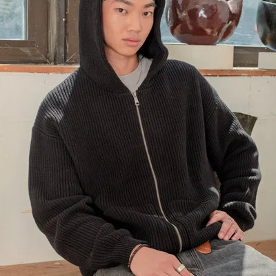 Knitted Zip Hoodie- Black