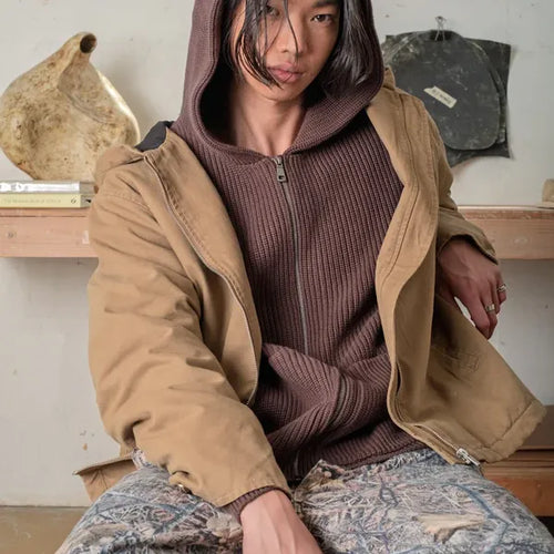 Knitted Zip Hoodie - Coffee