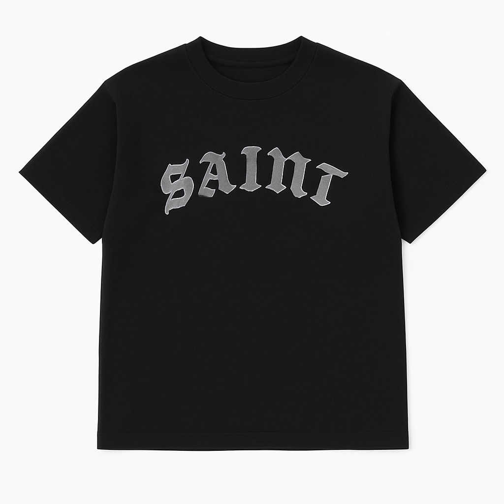 Black “Saint” White Stitched Tee