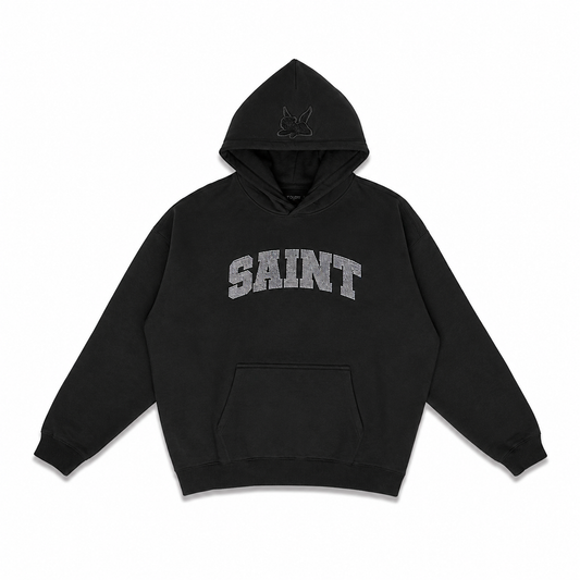 Saint Black Hoodie - Grey Rhinestone