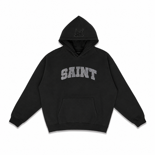 Saint Black Hoodie - Grey Rhinestone