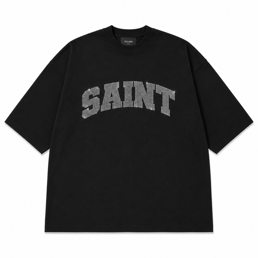 Saint Black Tee - Grey Rhinestones