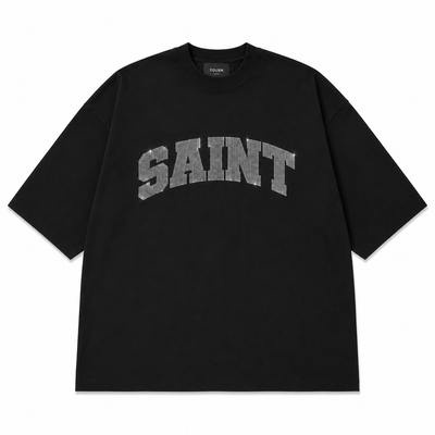 Saint Black Tee - Grey Rhinestones