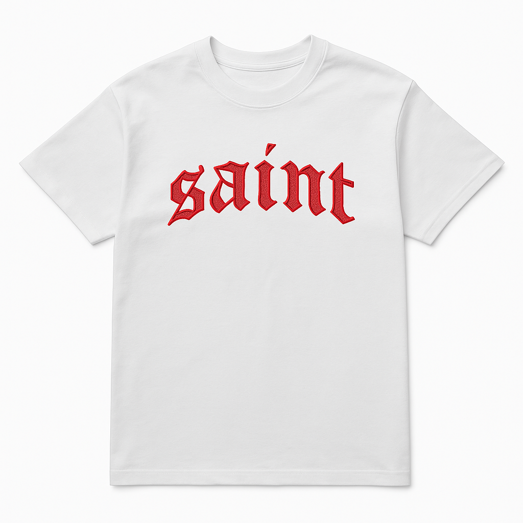 White “Saint” Red Glitter Tee