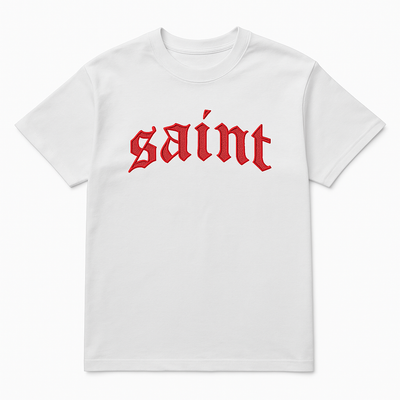 White “Saint” Red Glitter Tee