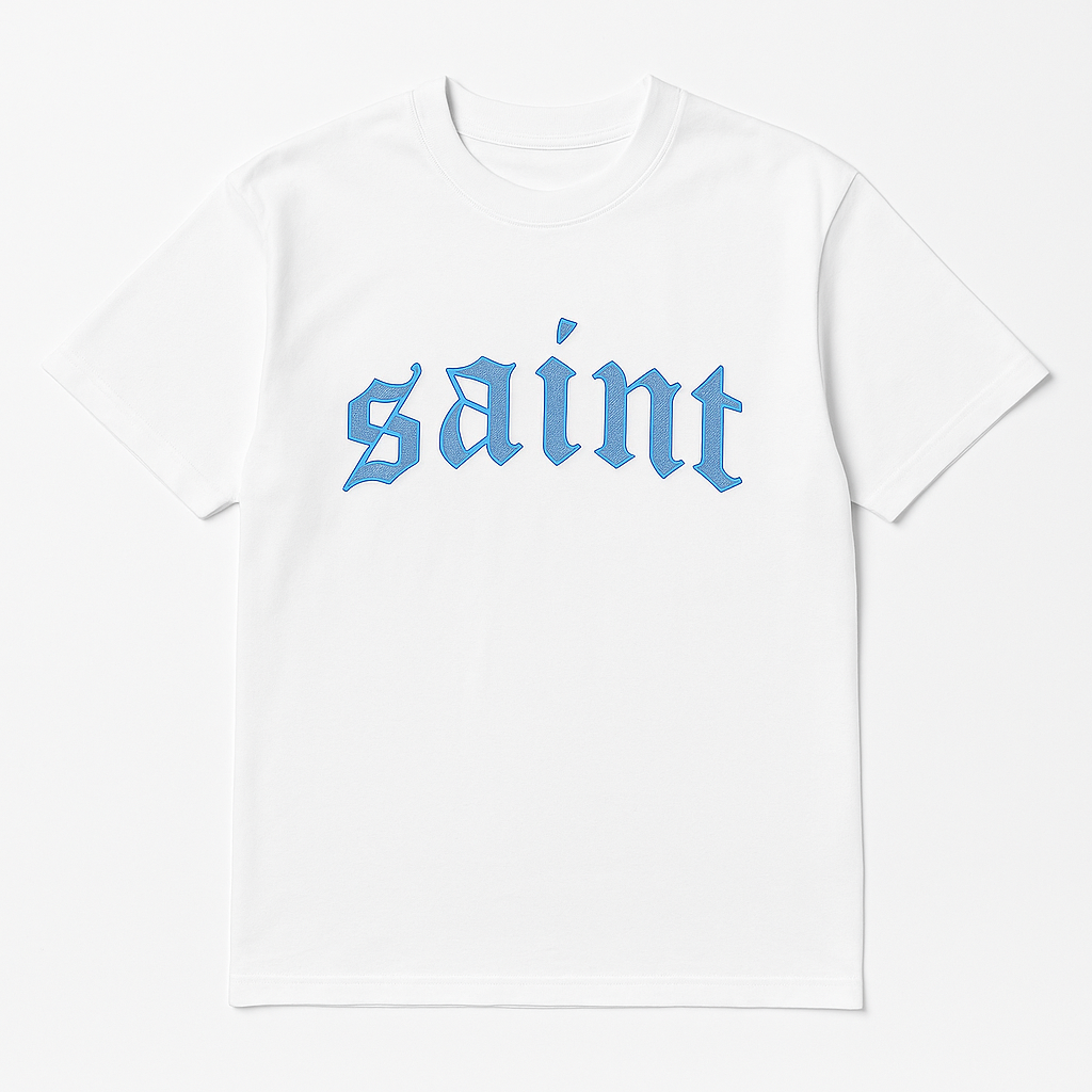 White “Saint” Blue Stitched Tee