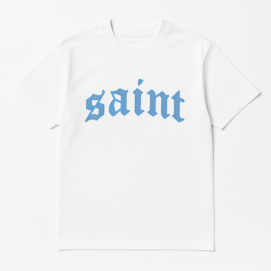 White “Saint” Blue Stitched Tee