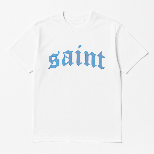 White “Saint” Blue Stitched Tee