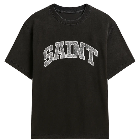 Black “Saint” White Stitched College Tee