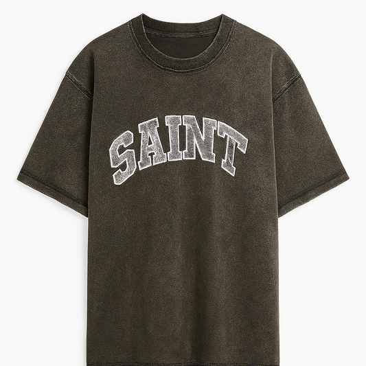 Washed Grey "Saint" White College Tee