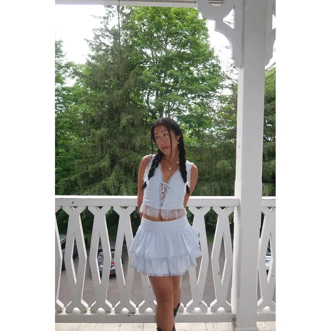 Haut Corset en Cotton & Dentelle Bleu Poudre