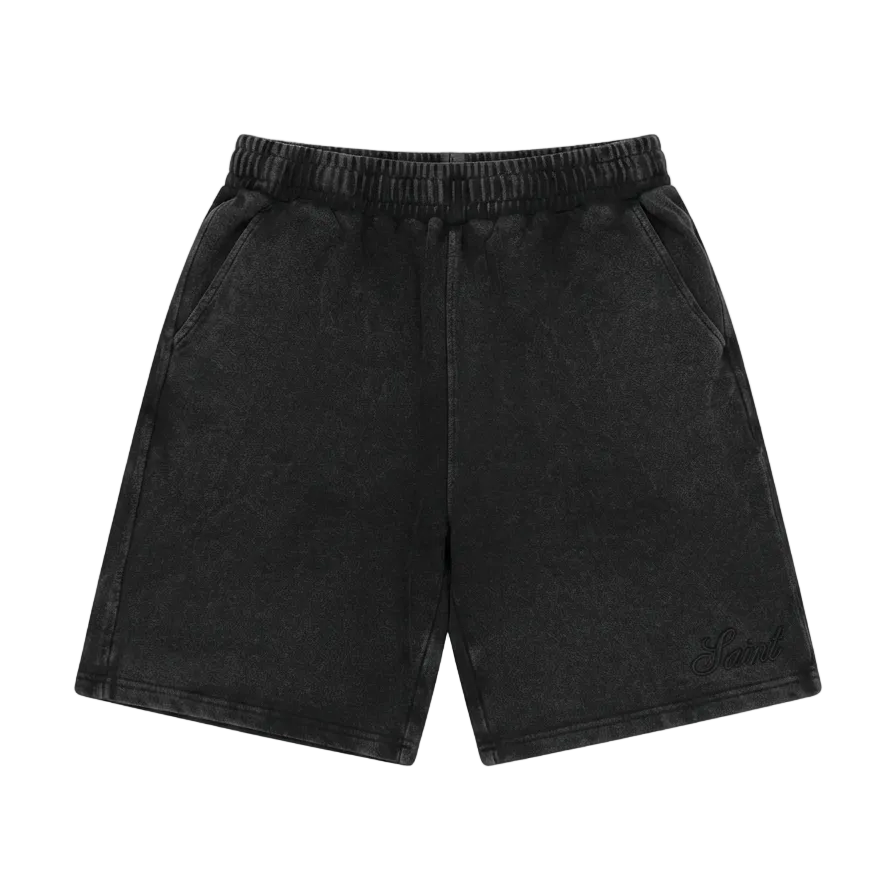 Heavyweight Washed Black Shorts - Saint Logo Black Stitch