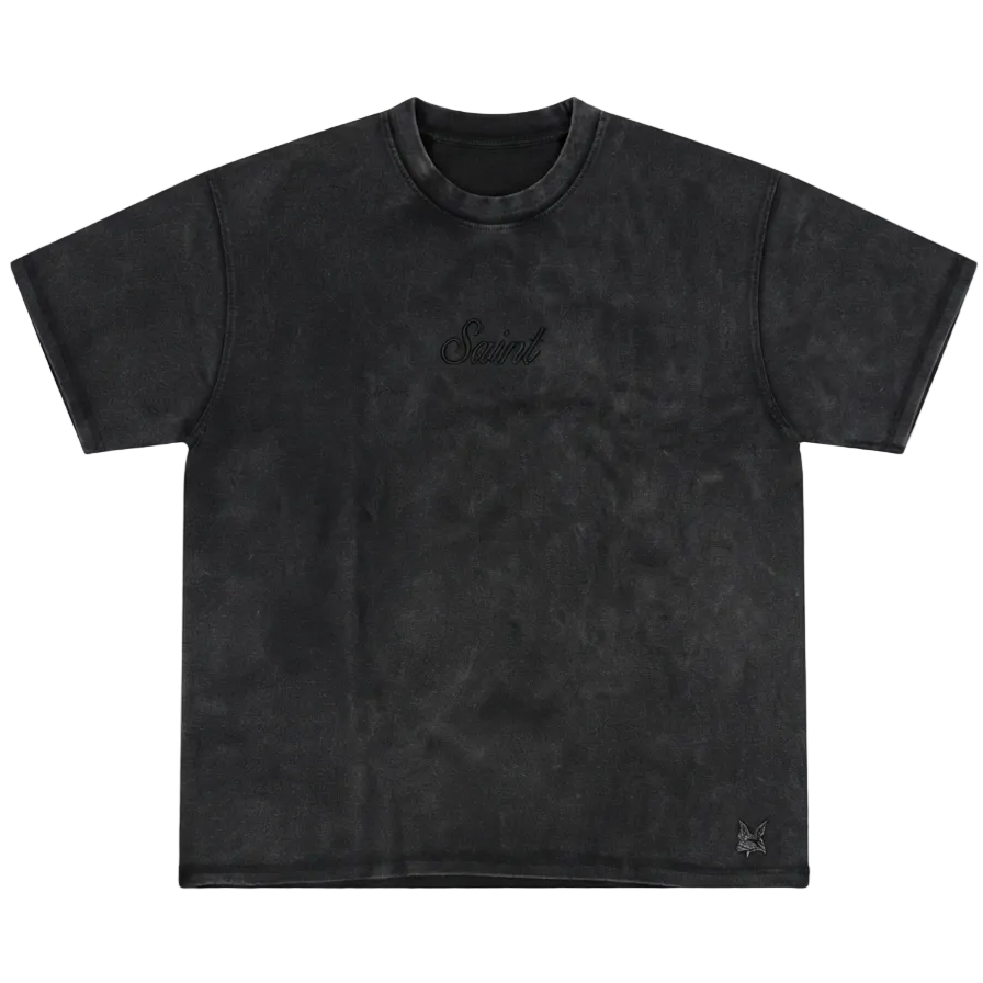 Heavyweight Washed Black Tee - Saint Logo Black Stitch