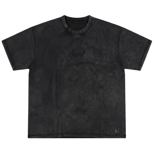 Heavyweight Washed Black Tee - Saint Logo Black Stitch