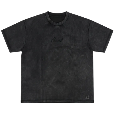 Heavyweight Washed Black Tee - Saint Logo Black Stitch