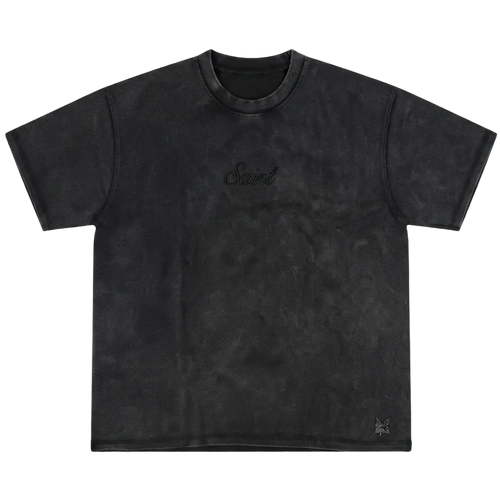 Heavyweight Washed Black Tee - Saint Logo Black Stitch