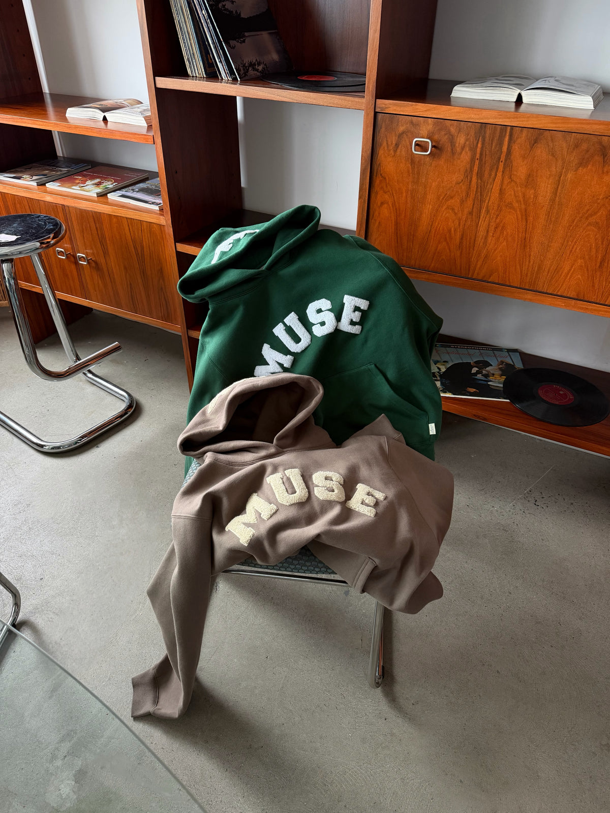 Curated By Muse fleece chenille hoodies in green and brown